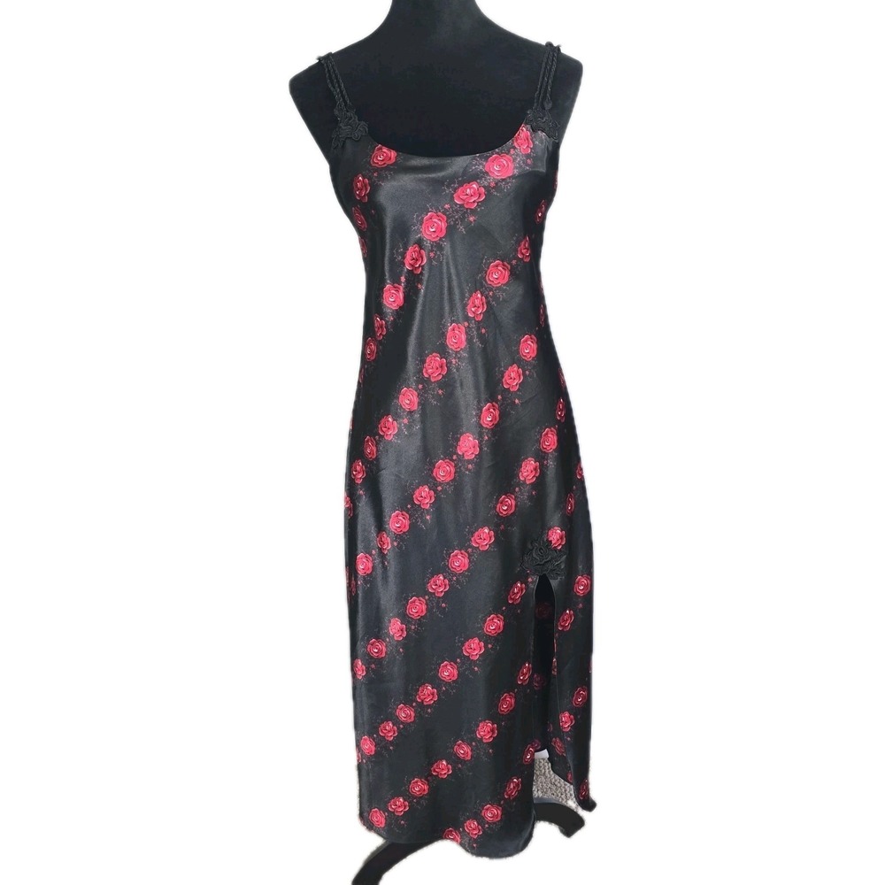 Black Slip Maxi Dress Chemise S Red Roses Boudoir Dark Romance Whimsigoth Grunge
